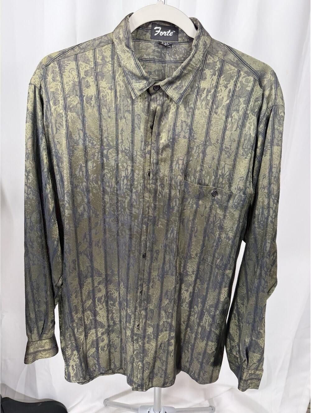 Vintage 90s Forte Mens M Olive Gold Jacquard Stripe Rayon Button Up Shirt Retro